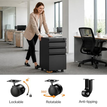 3 Drawer Mobile File Cabinet with Lock, Fully Assembled - color: Black