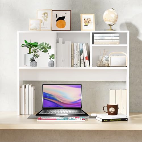 AQQHSAIN Desktop Bookshelf Wooden Desktop Hutch Storage Organizer Multipurpose Tabletop Display Rack with 4 Shelves for Computer Desk Hutch for College Dorm Office Home (White)