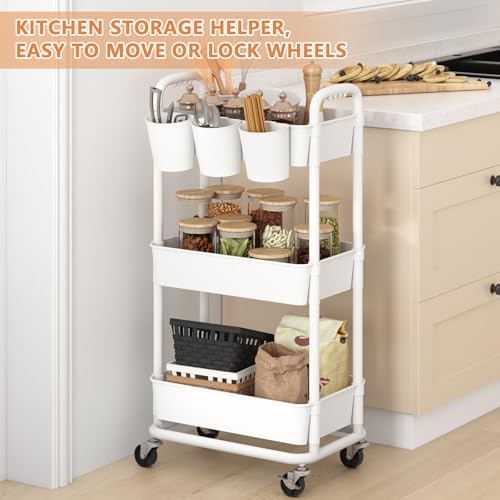 3-Tier Plastic Rolling Storage Cart Utility Cart with Extra Hanging Cups Handles Lockable Wheels for Living Room Bathroom Kitchen Office White | Utility Cart with Extra Hanging Cups Arc-Shaped Handles Lockable Wheels for Living Room Bathroom Kitchen Offic