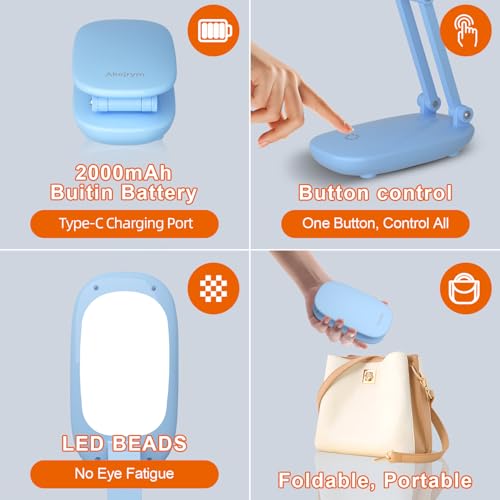 Akejrym LED Desk Lamp for Office & Home, Battery Operated, Foldable & Portable Light, 2-Fold Bracket, 3 Brightness Dimmable, Wireless Reading Lamp (Blue) - color: Blue