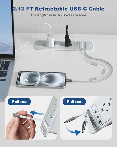 Recessed Power Strip with Retractable USB C Cable,2 PD 20W USB C,Flush Mount Countertop Drawer Outlet, Furniture Hidden Outlet for Side Table,End Table,3 Outlets (Grey, 6FT-20W USB) - color: Grey, size: 6FT-20W USB