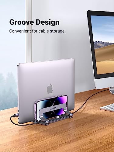 UGREEN 2-Slot Vertical Laptop Stand Holder Desk Compatible with MacBook Pro Air Laptop Stand Desktop Adjustable, Lenovo Ideapad, Surface Book, HP Notebook, Dell Chromebook Up to 17.3 Inch, Space Gray - size: 2-Slot