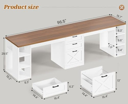SEDETA Farmhouse 96.5" 2 Person Computer Desk with Storage Drawers | Home Office Desk, Gaming Double Desk, Long Two Person Writing Desk with Shelves, White and Brown - color: White and Brown