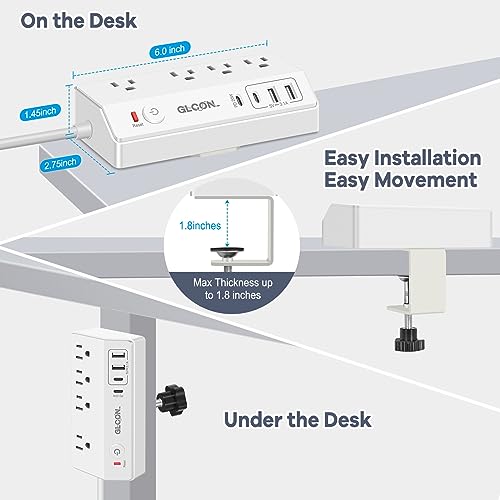 Desk Clamp Power Strip with USB C,Surge Protector Power Strip | 4 AC Outlets & 4 USB Ports Charging Station, Desktop Mount Surge Protector Extender, Multi Plug Outlet ,White - color: White
