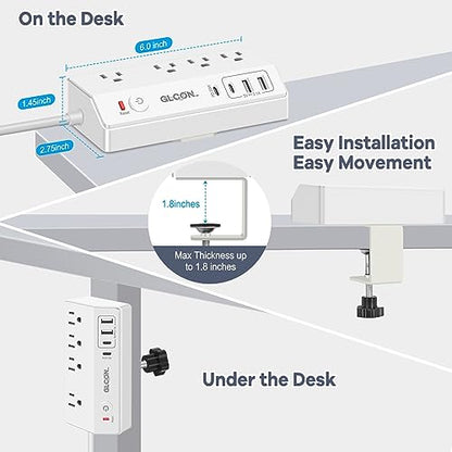 Desk Clamp Power Strip with USB C,Surge Protector Power Strip | 4 AC Outlets & 4 USB Ports Charging Station, Desktop Mount Surge Protector Extender, Multi Plug Outlet ,White - color: White
