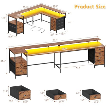 Furologee 95'' Two Person Computer Desk with 6 Drawers, LED, Rustic Brown - color: Rustic Brown