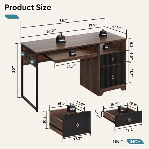 Bestier 55 Inch Wood Computer Desk with File Drawer & Keyboard Tray, Cherry | Fluted Panels, Ring Handles, File Drawer Letter/Legal, Storage Drawer, Keyboard Tray, Reversible, 2 Hooks, 150 Lbs, P2 Board - color: Cherry, size: 55 Inch