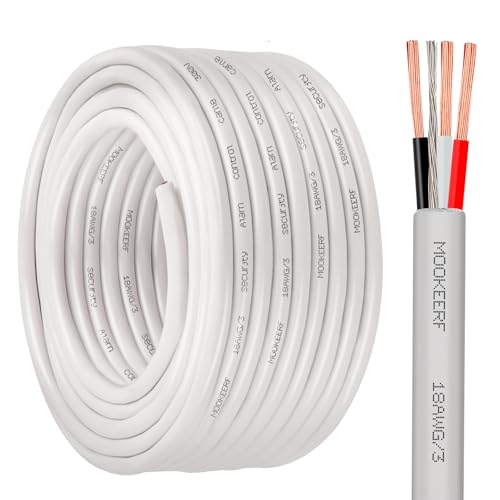 MOOKEERF 18/3 Shielded Wire 18 AWG 3 Conductor Stranded Shielded Plenum Cable 50FT White CL3P Jacket for Security/Alarm/Access Control/Sound-18AWG 3 Conductors Wire - size: 50FT, style: 18/3