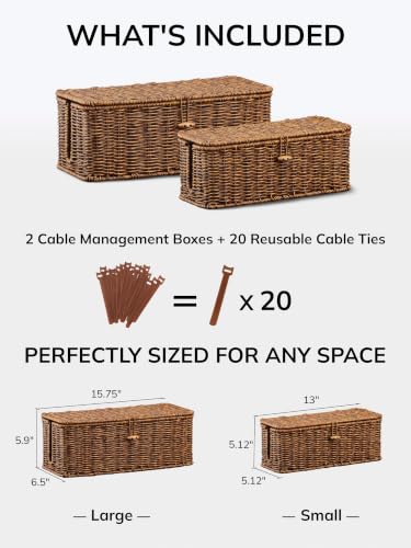 Cable Management Box, Cord Organizer with Lid & Cable Ties - Brown Set | Handmade Open Slots Cord Hider Outlet Covers for Power Strip TV PC Router Charger Under Desk Storage - color: Brown, size: Set (L+M)