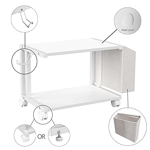 VEDECASA 2 Tier Modern White Wooden Under Desk Printer Stand with Storage Bag for Home Office Desktop Printer Table Organizer Mobile Printer Shelf Cart with Caster Wheel (White) - color: White