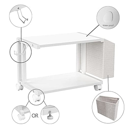 VEDECASA 2 Tier Modern White Wooden Under Desk Printer Stand with Storage Bag for Home Office Desktop Printer Table Organizer Mobile Printer Shelf Cart with Caster Wheel (White) - color: White
