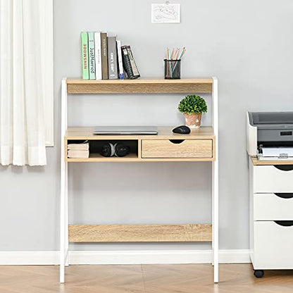 HOMCOM Home Office Desk with A Frame for Small Spaces, Natural | Computer Desk, Writing Table, with Drawer, Storage Shelves - color: Natural