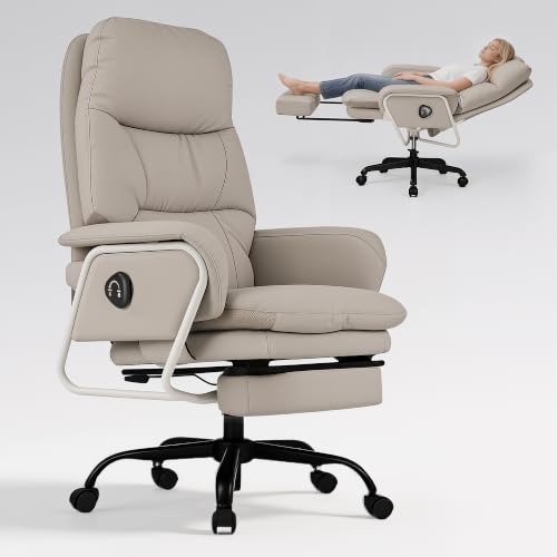 180° Reclining Office Chair with Footrest, PU Leather Desk Chair with 4-Position Backrest and Thick Cushion, Executive Computer Chair for Home Office, Work and Study,Gray - color: Grey
