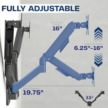 VIVO Height Adjustable Mechanical Extended Arm Dual Monitor Wall Mount Full Motion Articulating, Fits 2 Screens 17 to 32 inches, Black, MOUNT-V002G - size: Up to 32", style: Dual Mount