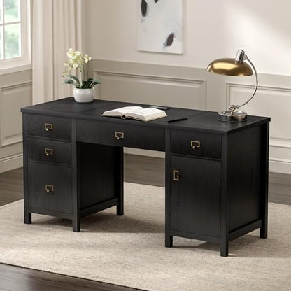 EYYTHUNG 59" Executive Desk with File Drawers Cabinet, Modern Computer Desk with Charging Station, Keyboard Tray, Large Home Office Desk, Farmhouse Wood Desk for Study, Writing, Black - color: Black