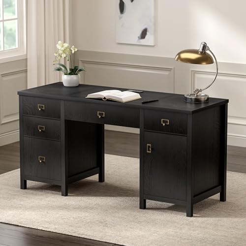 EYYTHUNG 59" Executive Desk with File Drawers Cabinet, Modern Computer Desk with Charging Station, Keyboard Tray, Large Home Office Desk, Farmhouse Wood Desk for Study, Writing, Black - color: Black