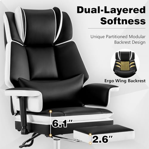 Heavy Duty Office Chair with Footrest High Back, PU Leather Office Chair with with Adjustable Lumbar Support, Reclining Computer Desk Chair with Adjustable Height, Adjustable Armrests, Black White - color: Black&white