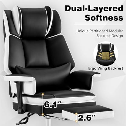 Heavy Duty Office Chair with Footrest High Back, PU Leather Office Chair with with Adjustable Lumbar Support, Reclining Computer Desk Chair with Adjustable Height, Adjustable Armrests, Black White - color: Black&white
