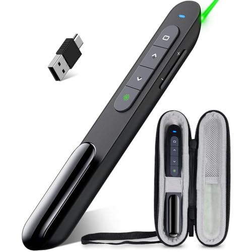 USB Rechargeable RF 2.4 GHz Green Light Presentation Remote, Powerpoint Clicker Wireless Presenter Presentation Clicker Slide Advancer for Mac/Keynote/PC/PPT