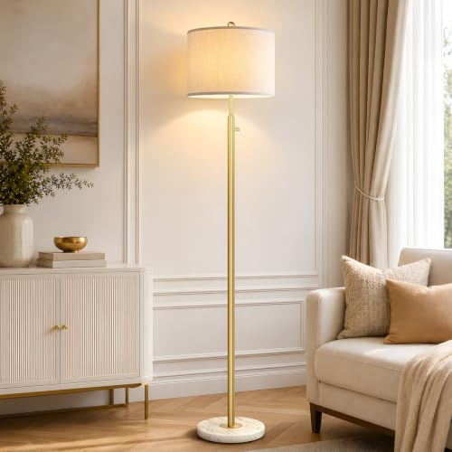 Nintiue Dimmable Gold Floor Lamp, Turkish Marble Base, White Linen Shade | Turkish marble base, 0-100% stepless dimming, 11W 2700K bulb, white linen shade, Non-Slip Base, 64.6 in tall, save space - color: Gold-Marble-Line Shade