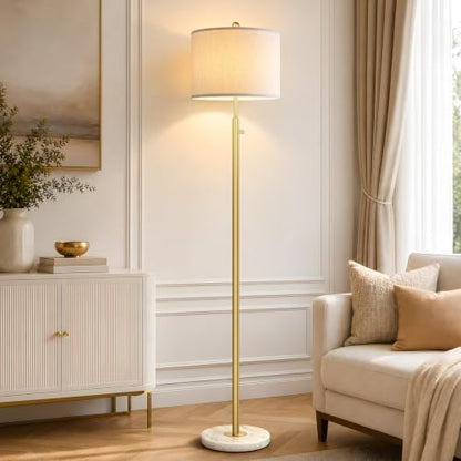 Nintiue Dimmable Gold Floor Lamp, Turkish Marble Base, White Linen Shade | Turkish marble base, 0-100% stepless dimming, 11W 2700K bulb, white linen shade, Non-Slip Base, 64.6 in tall, save space - color: Gold-Marble-Line Shade