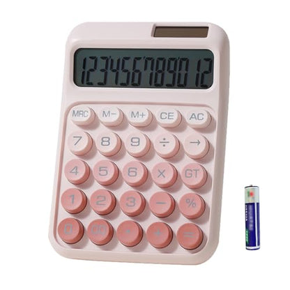Desk Calculator, Cute 12 Digits Large LCD Display Merchanical Calculator Big Buttons for School,Office,Home,Business, Solar and Battery Dual Power, Battery Include (Pink) - color: Pink
