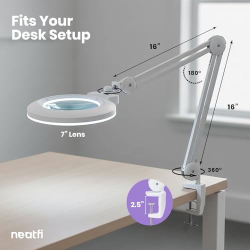 Neatfi XL Bifocal LED Magnifying Lamp, 7” Acrylic Lens, 2.25X/6X Magnification, 1,600 Lumens Dimmable | Hands-Free Close Work | Crafting, Jewelry & Reading (White, 7-inch Lens, Non-CCT with Clamp) - color: White, size: 7-inch Lens, Non-CCT with Clamp