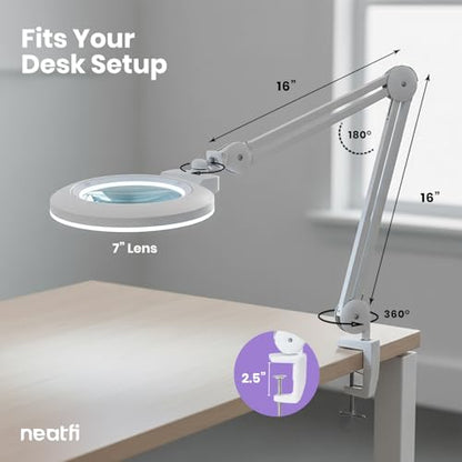 Neatfi XL Bifocal LED Magnifying Lamp, 7” Acrylic Lens, 2.25X/6X Magnification, 1,600 Lumens Dimmable | Hands-Free Close Work | Crafting, Jewelry & Reading (White, 7-inch Lens, Non-CCT with Clamp) - color: White, size: 7-inch Lens, Non-CCT with Clamp