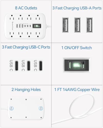 Short Extension Cord 1 FT with 6 USB(3 USB C) 8 Outlets, Flat Power Strip - size: 1 FT-White-Three Prong
