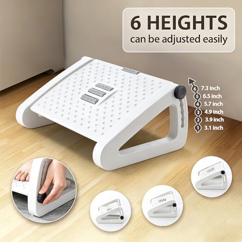CasaZenith Foot Rest, Six Heights Adjustable Foot Rest Under Desk at Work | Ergonomic Foots Stool for Under Office Desks, Under Desk Footrest with Foot Massage Roller, Chair Footrest - White - color: White