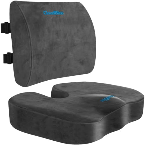 CloudBliss Ergonomic Seat Cushion & Lumbar Support Pillow Set, Grey, Large | Back Pain & Sciatica Relief, Memory Foam Support, Adjustable Straps, Machine Washable Velvet, Perfect for Office, Car, Gaming - color: Grey, size: Large