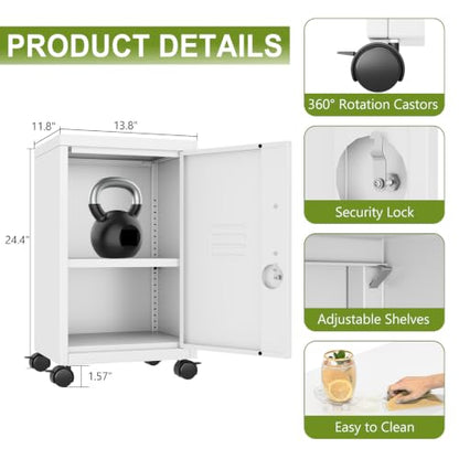 pozdeg 24.4" H Metal Locker Storage File Cabinet with Wheels, White | Small Employees Locking Steel Locker Adjustable Shelf & Lock, Single Door Lockable Cabinet for Home, School, Office, Gym