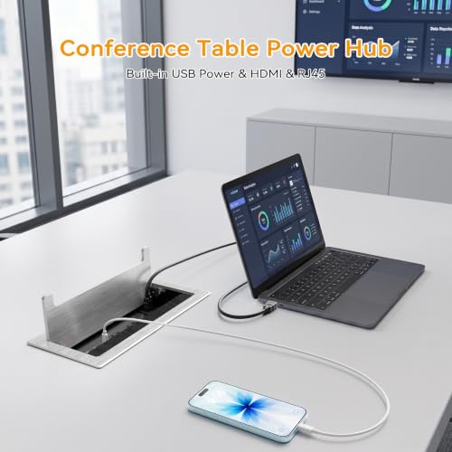 Conference Table Power Hub with HDMI, Tabletop Connectivity Box with RJ45 + 20W USB C + 2 USB A + 2 AC Outlets, Flush Mount Desk Power Outlet for Office School, Silver