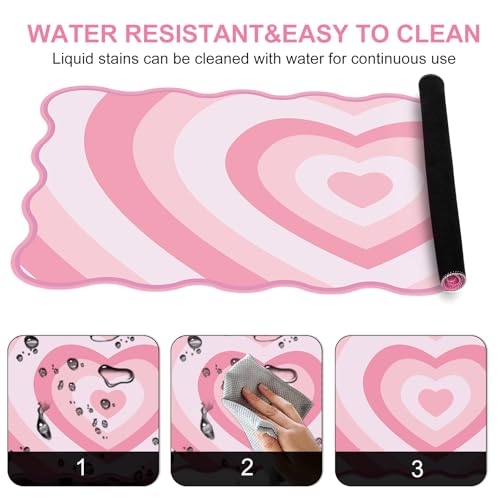 L-SPOUTTO Pink Mouse Pad,Cute Desk Mat XXL Large Scalloped Gaming Mousepad,35.4x15.7in Non-Slip Rubber Base Keyboard Pad Waterproof Desktop Mat for Laptop Computer Work Game Home Office-Pink Heart - color: Pink Heart