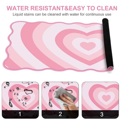 L-SPOUTTO Pink Mouse Pad,Cute Desk Mat XXL Large Scalloped Gaming Mousepad,35.4x15.7in Non-Slip Rubber Base Keyboard Pad Waterproof Desktop Mat for Laptop Computer Work Game Home Office-Pink Heart - color: Pink Heart