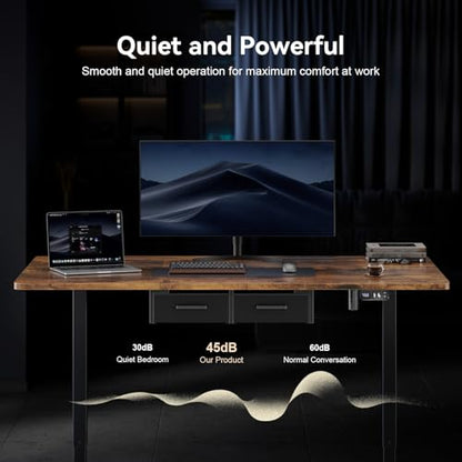 HLDIRECT 63" Electric Standing Desk with Outlets & 2 Drawers, Rustic Brown | 31.5" Extra Wide Desktop Up to 176lb, 28"–46" Height Range & 3 Memory Presets, Integrated Cable Management, Quick Assembly - color: Rustic Brown, size: 63 inch