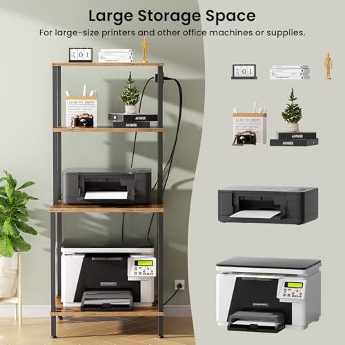 Large Printer Stand with Charging Station, Printer Table for Home Office | 49"Tall 4-Tier Printer Stand with Storage, Mobile Heavy Duty Printer Table with Lockable Wheels, Storage Shelf (Rustic Brown) - color: Rustic Brown, size: Large with Charger