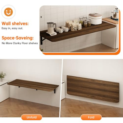 IAE Wall Mount Folding Desk,Floating Computer Desk for Small Spaces,Walnut | 60x22in engineered wood desktop with metal brackets, folds flat to save space in home office, apartment and laundry room - color: Walnut, size: 60"*22"