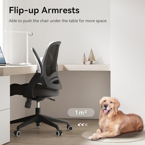 Hbada Office Desk Chair with Flip-Up Armrests and Saddle Cushion, Ergonomic Office Chair with S-Shaped Backrest, Swivel, Mesh, Black - color: Black