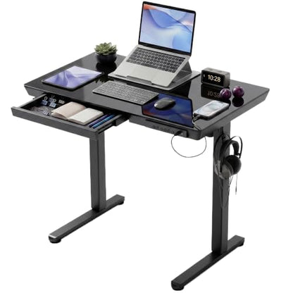 Claiks Small Glass Standing Desk with Drawers & USB Ports 35x19 Black - color: Black, size: 35 inch