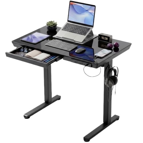 Claiks Small Glass Standing Desk with Drawers & USB Ports 35x19 Black - color: Black, size: 35 inch