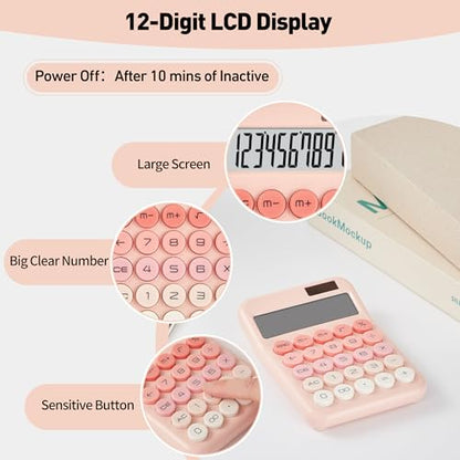 KANBIT Cute Pink Desktop Calculator, 12-Digit Basic Calculator with Large LCD Display and Responsive Buttons, Dual Solar & Battery Powered Calculator for Office, School, Home and Business