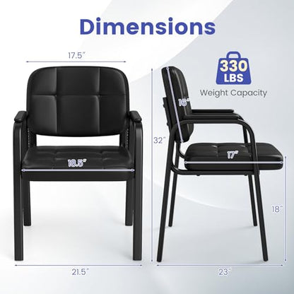GIANTEX Waiting Room Guest Chairs Set of 2, Leather Office Reception Chairs with Padded Armrests, Metal Frame, Stationary Side Chairs No Wheels for Conference Meeting Lobby Home, Black