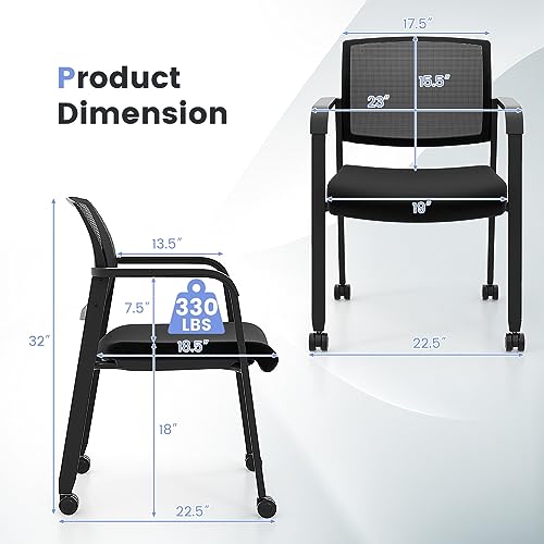 COSTWAY Stackable Office Guest Chairs Set of 2 with Wheels and Armrests | Conference Room Chairs with Mesh Backrest and Upholstered Seat, Ergonomic Waiting Room Chairs for Office Home Reception Area - size: 2 Pack, style: with Wheels