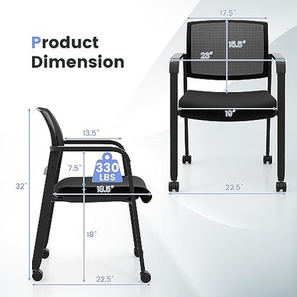 COSTWAY Stackable Office Guest Chairs Set of 2 with Wheels and Armrests | Conference Room Chairs with Mesh Backrest and Upholstered Seat, Ergonomic Waiting Room Chairs for Office Home Reception Area - size: 2 Pack, style: with Wheels