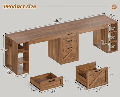 SEDETA Farmhouse 96.5" 2 Person Computer Desk with Drawers for Home Office | Gaming Double Desk with Storage Shelves, Long Two Person Writing Desk, Brown - color: Brown