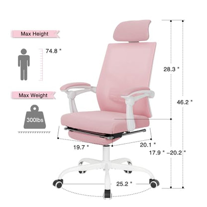 Qulomvs Mesh Ergonomic Office Chair with Footrest Home Office Desk Chair with Headrest and Backrest Adjustable Computer Executive Desk Chair with Wheels 360 Swivel Task Chair - color: Pink With Footrest 2