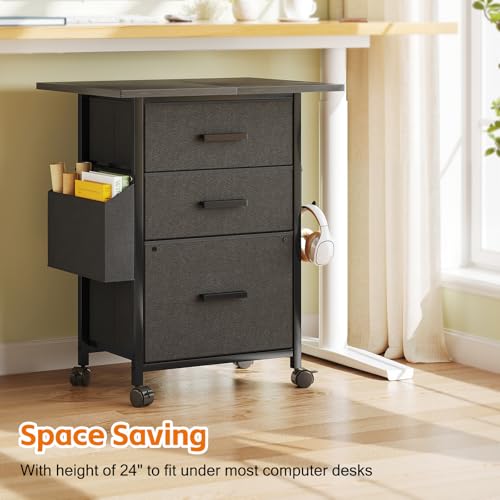 Mexin 3 Drawer File Cabinet with 22'' Extended Desktop, Mobile Filing Cabinet, Printer Stand, Rolling Printer Stand with Side Bag, Fabric Drawer, Fits A4 Size, Home Office, Black - color: Black