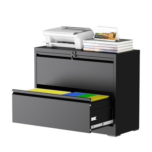 2 Drawer Lateral File Cabinet with Lock, 35.4" W File Cabinet - color: Black, size: 35.4"W - 2 Drawer