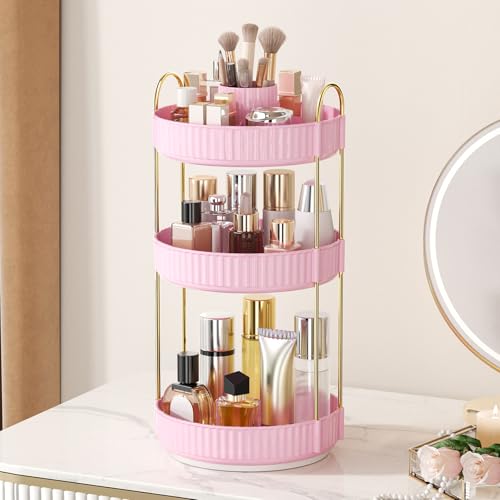 360° Rotating Makeup Organizer, Upgraded 3 Tier Skincare Perfume Organizers for Women, Bathroom Organizer Countertop, Clear Cosmetic Dresser Organizer with Makeup Brush Holder, Sink&Counter(Pink) - color: PINK, size: 3 Tier